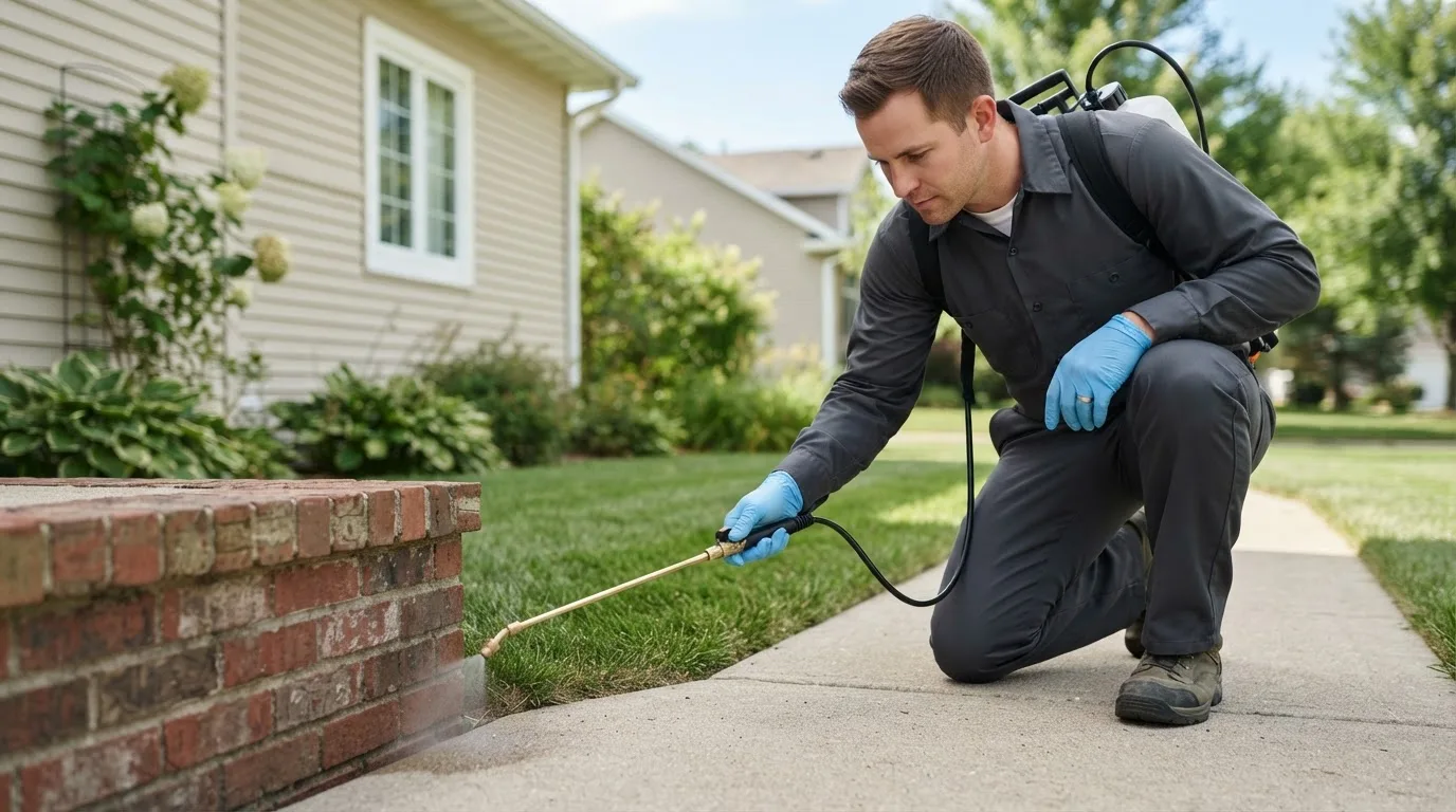Pest control technician treating a home near West Ridge, AR